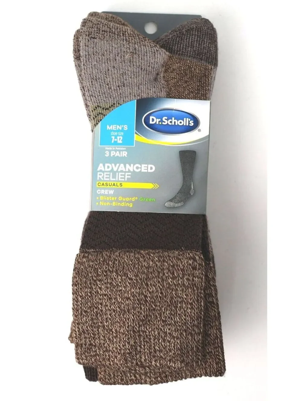 Dr. Scholl's Men's Advanced Relief Casuals Crew Socks 3 Pair Size 7-12 Brown